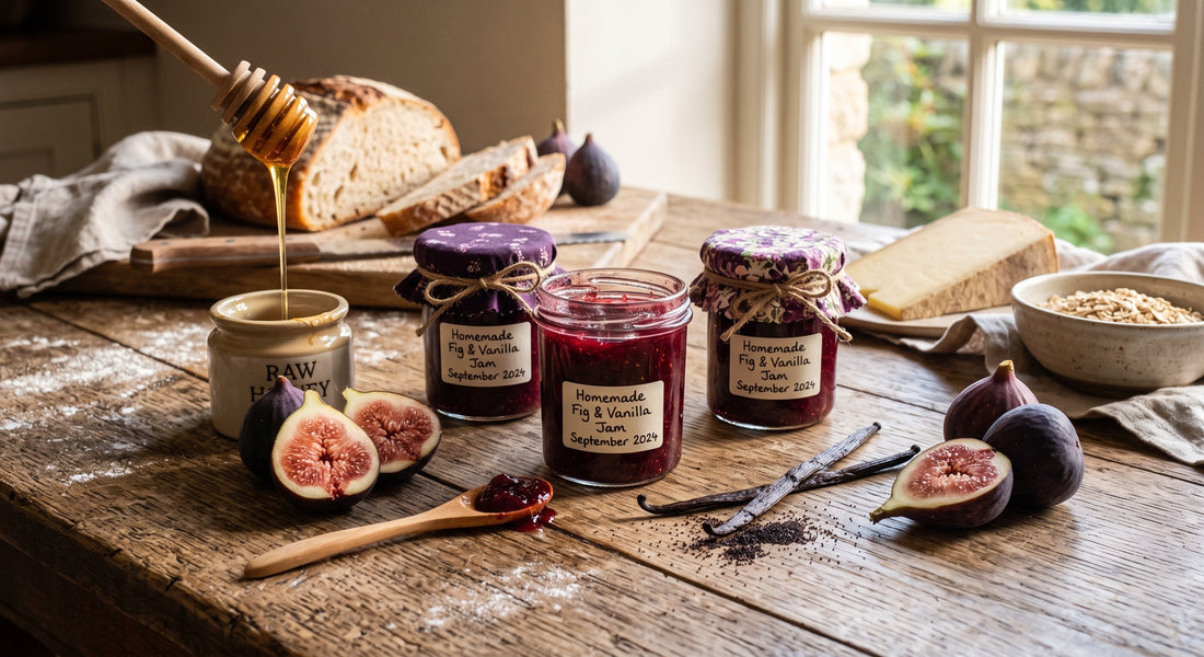 Hausgemachte Feigen-Vanille-Marmelade in Gläsern neben frischen aufgeschnittenen Feigen, Bourbon-Vanilleschote und Honiglöffel auf rustikalem Holztisch – mygandeshop.de