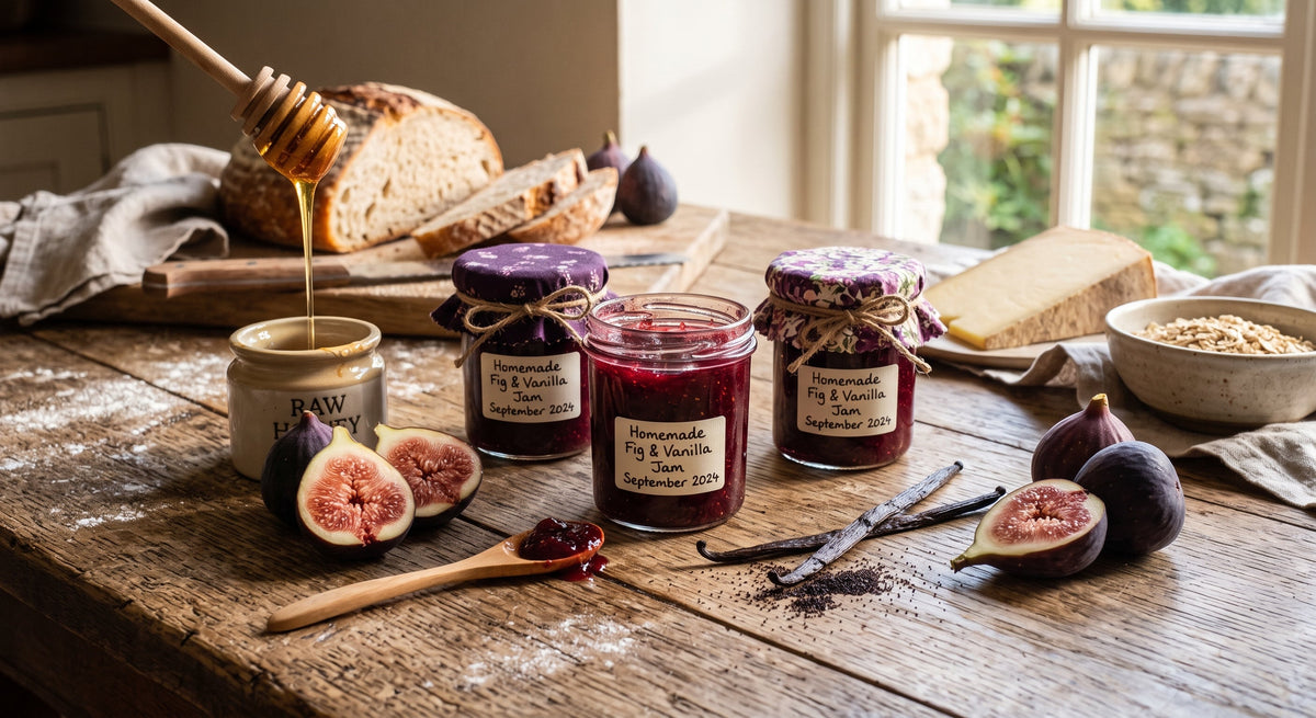 Hausgemachte Feigen-Vanille-Marmelade in Gläsern neben frischen aufgeschnittenen Feigen, Bourbon-Vanilleschote und Honiglöffel auf rustikalem Holztisch – mygandeshop.de