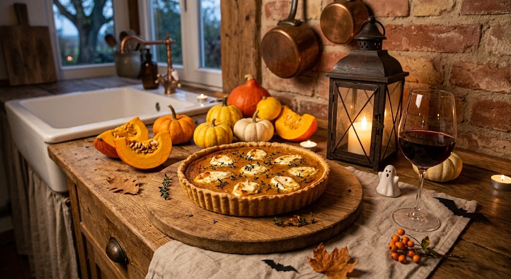 Ofenfrische Kürbis-Tarte mit Ziegenkäse und Thymian auf einem Holzbrett in einer gemütlichen Landhausküche mit Kürbissen, Windlicht und Wein – mygandeshop.de