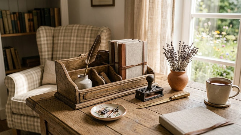 Gemütlicher Schreibtisch im Landhausstil mit rustikalem Organizer aus Naturholz, antikem Stiftehalter und Notizbüchern von mygandeshop