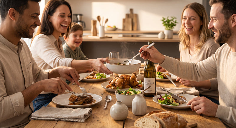 <img src=".../familienessen-gemuetlich-mit-besteck-mygandeshop.jpg"       alt="Eine glückliche Familie am gemütlichen Holztisch beim Abendessen, die hochwertiges Edelstahlbesteck von mygandeshop benutzt, um ein Huhn zu teilen.">