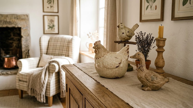 Gemütliches Landhaus-Wohnzimmer mit rustikalen Dekofiguren aus Keramik und Holz in Tierform auf einer Holzkommode von mygandeshop.