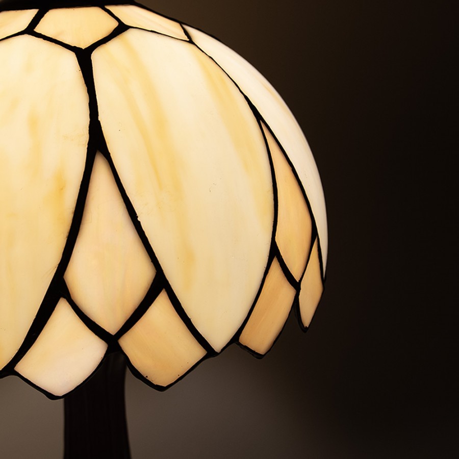 LumiLamp Tiffany Tischleuchte Ø 25x42 cm – Handgefertigte Jugendstil Tischlampe Lotusblüte Creme & Beige | E14