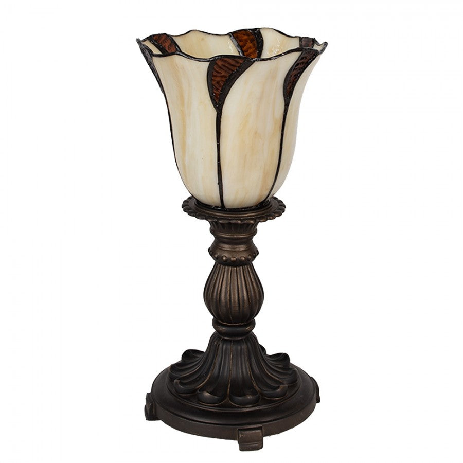 LumiLamp Tiffany Tischleuchte Ø 16x32 cm – Handgefertigte Jugendstil Tischlampe Kelch Beige & Bernstein | E14