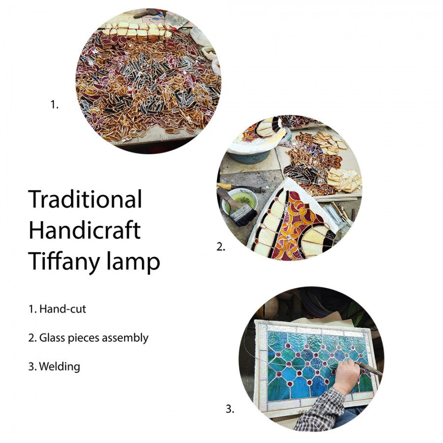 LumiLamp Tiffany Tischleuchte Ø 16x32 cm – Handgefertigte Jugendstil Tischlampe Kelch Beige & Bernstein | E14
