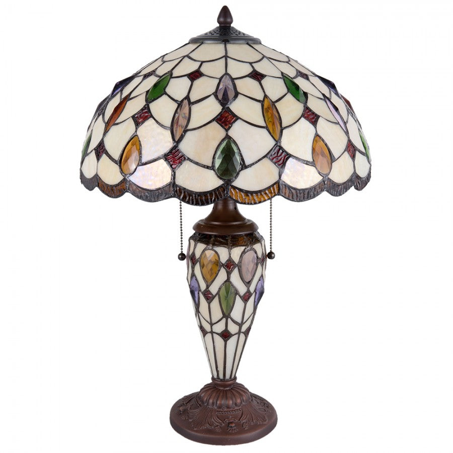 LumiLamp Tiffany Tischleuchte Ø 40x60 cm – Handgefertigte Jugendstil Tischlampe mit beleuchtetem Glasfuß Beige & Bunt | 2x E27 + 1x E14