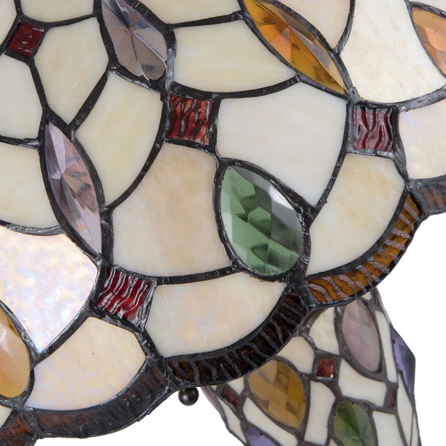 LumiLamp Tiffany Tischleuchte Ø 40x60 cm – Handgefertigte Jugendstil Tischlampe mit beleuchtetem Glasfuß Beige & Bunt | 2x E27 + 1x E14