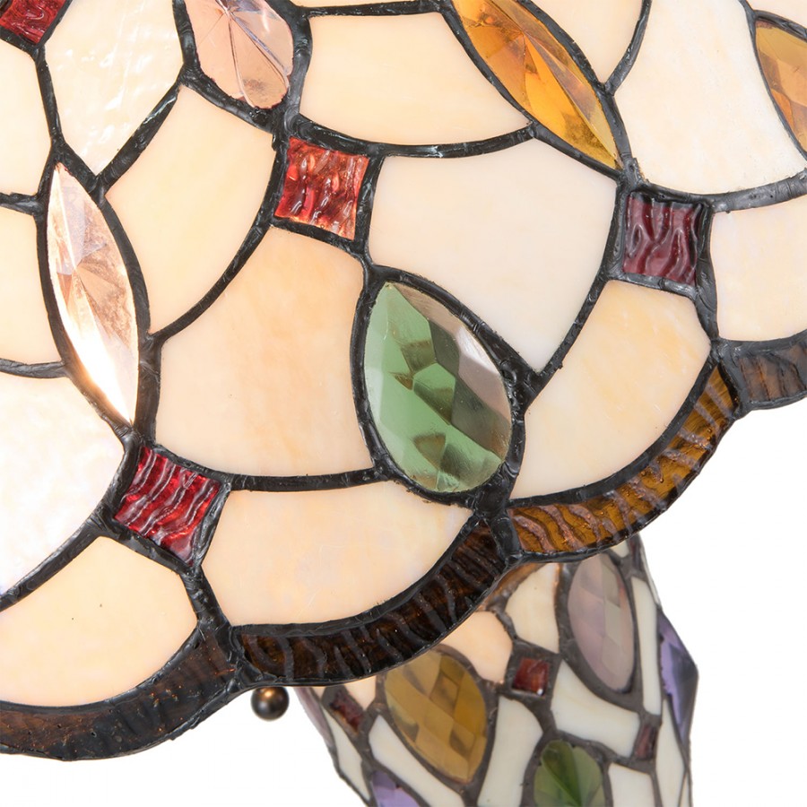 LumiLamp Tiffany Tischleuchte Ø 40x60 cm – Handgefertigte Jugendstil Tischlampe mit beleuchtetem Glasfuß Beige & Bunt | 2x E27 + 1x E14