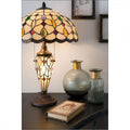 LumiLamp Tiffany Tischleuchte Ø 40x60 cm – Handgefertigte Jugendstil Tischlampe mit beleuchtetem Glasfuß Beige & Bunt | 2x E27 + 1x E14