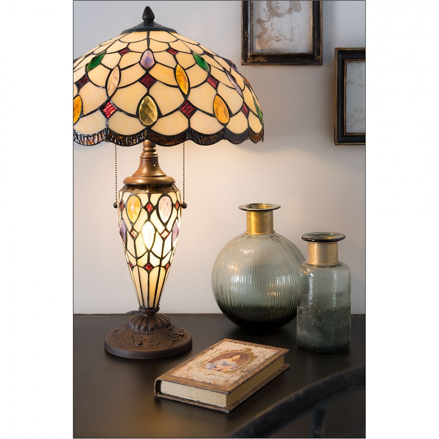 LumiLamp Tiffany Tischleuchte Ø 40x60 cm – Handgefertigte Jugendstil Tischlampe mit beleuchtetem Glasfuß Beige & Bunt | 2x E27 + 1x E14