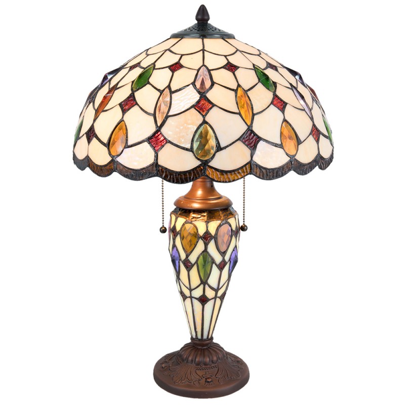LumiLamp Tiffany Tischleuchte Ø 40x60 cm – Handgefertigte Jugendstil Tischlampe mit beleuchtetem Glasfuß Beige & Bunt | 2x E27 + 1x E14