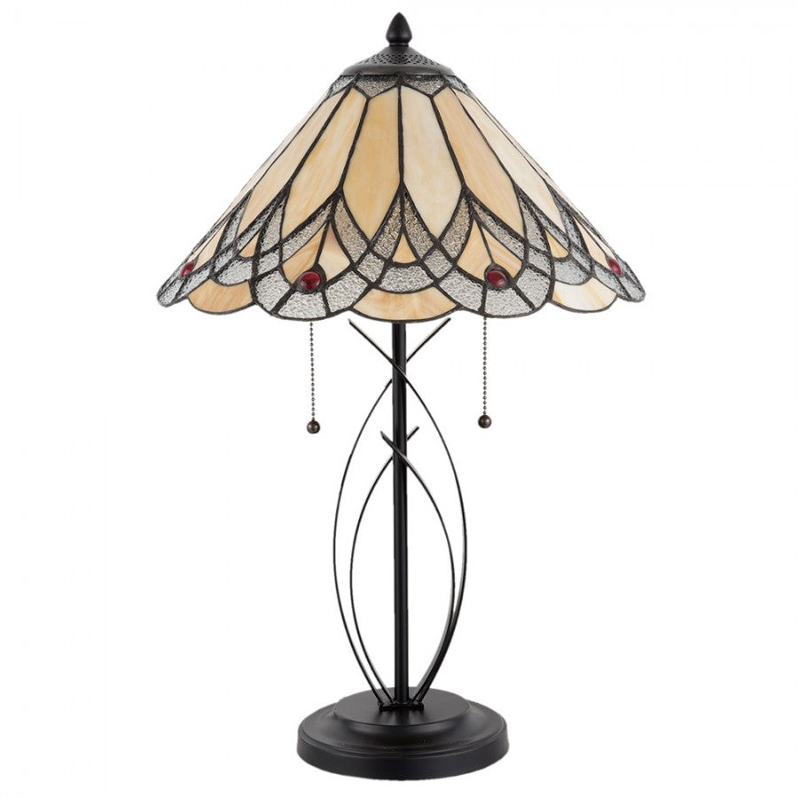 LumiLamp Tiffany Tischleuchte Ø 40x60 cm – Handgefertigte Jugendstil Tischlampe Pfauenfeder Beige & Rubinrot | 2x E27