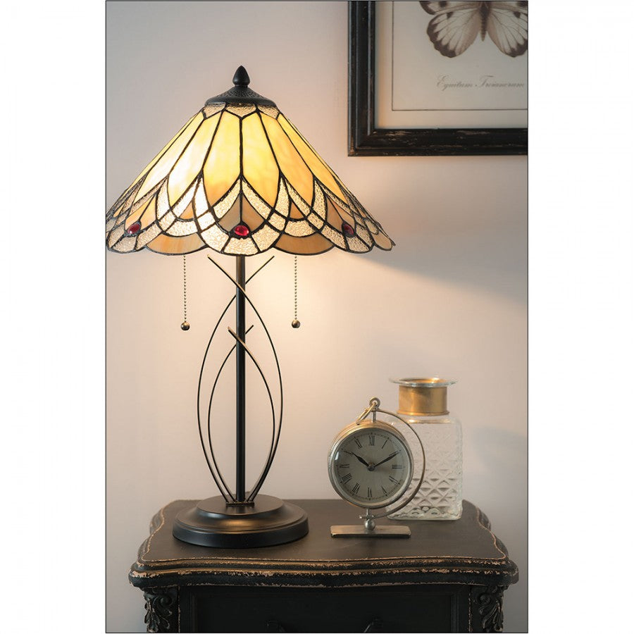 LumiLamp Tiffany Tischleuchte Ø 40x60 cm – Handgefertigte Jugendstil Tischlampe Pfauenfeder Beige & Rubinrot | 2x E27