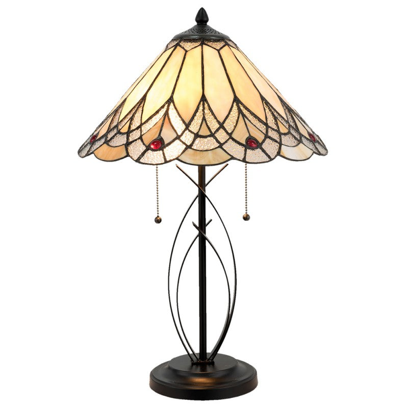 LumiLamp Tiffany Tischleuchte Ø 40x60 cm – Handgefertigte Jugendstil Tischlampe Pfauenfeder Beige & Rubinrot | 2x E27