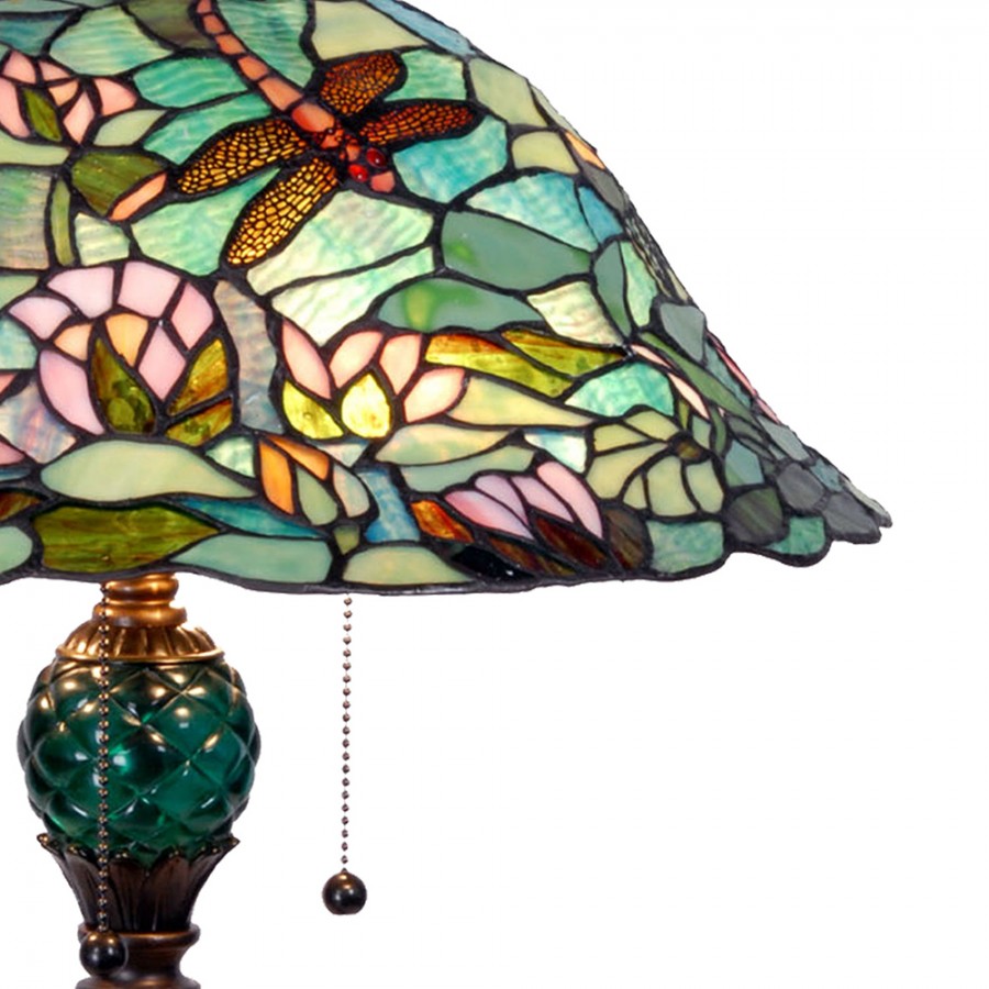 LumiLamp Tiffany Tischleuchte Ø 47x60 cm – Handgefertigte Jugendstil Lampe Libelle & Seerose Türkis, Grün & Rosa | 2x E27