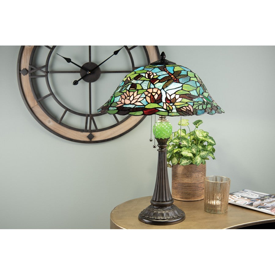 LumiLamp Tiffany Tischleuchte Ø 47x60 cm – Handgefertigte Jugendstil Lampe Libelle & Seerose Türkis, Grün & Rosa | 2x E27