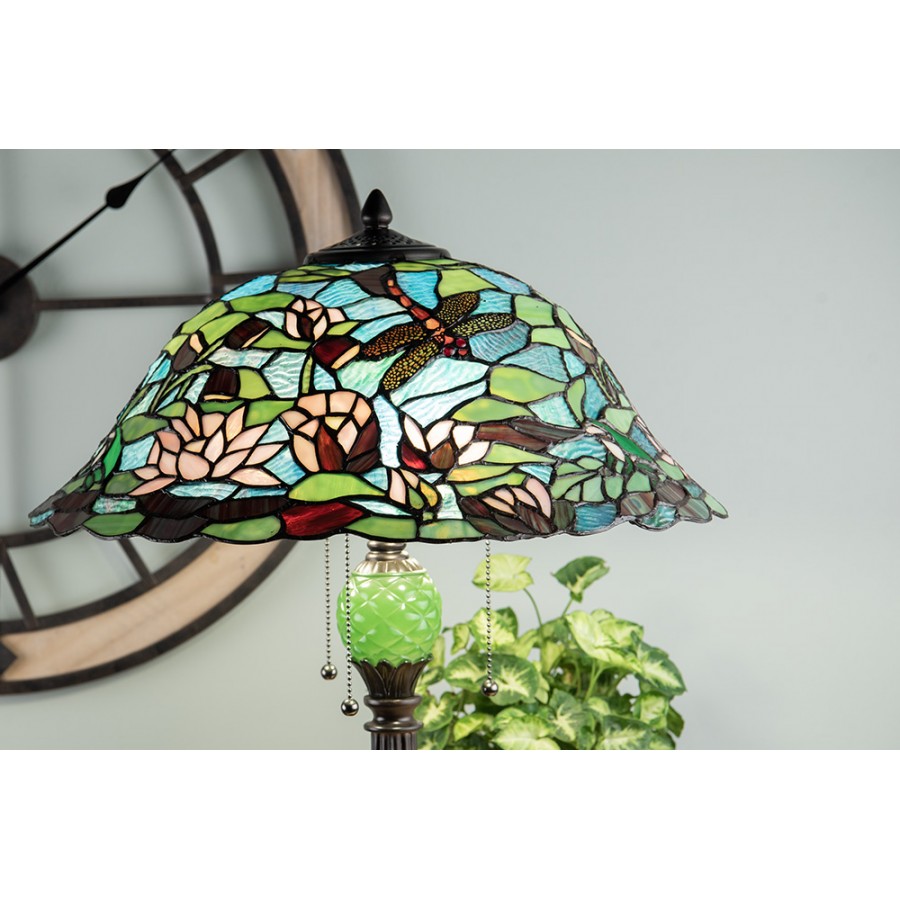 LumiLamp Tiffany Tischleuchte Ø 47x60 cm – Handgefertigte Jugendstil Lampe Libelle & Seerose Türkis, Grün & Rosa | 2x E27