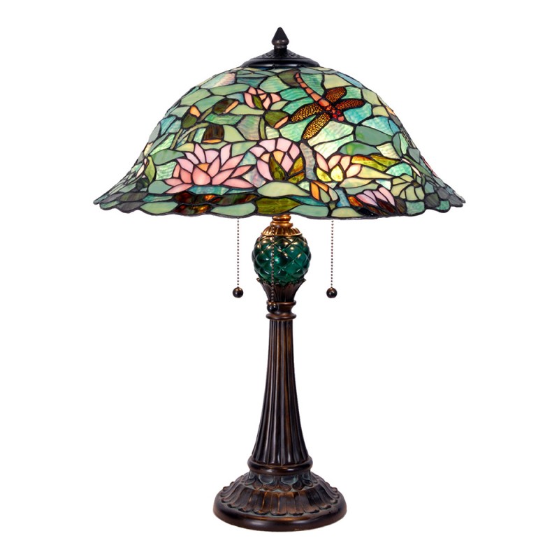 LumiLamp Tiffany Tischleuchte Ø 47x60 cm – Handgefertigte Jugendstil Lampe Libelle & Seerose Türkis, Grün & Rosa | 2x E27