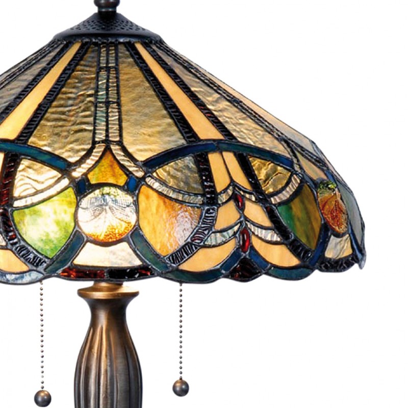 LumiLamp Tiffany Tischleuchte Ø 41x61 cm – Handgefertigte Jugendstil Tischlampe Medaillon Beige, Bernstein & Grün | 2x E27