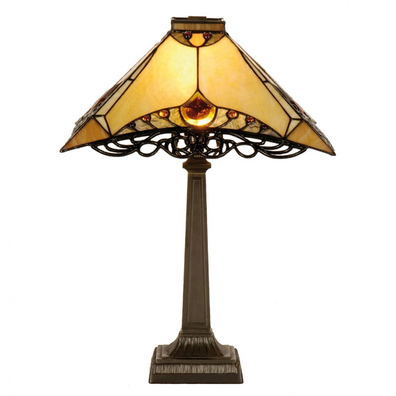 LumiLamp Tiffany Tischleuchte 36x36x50 cm – Handgefertigte Art Déco Tischlampe Pyramide Beige & Bernstein | E27