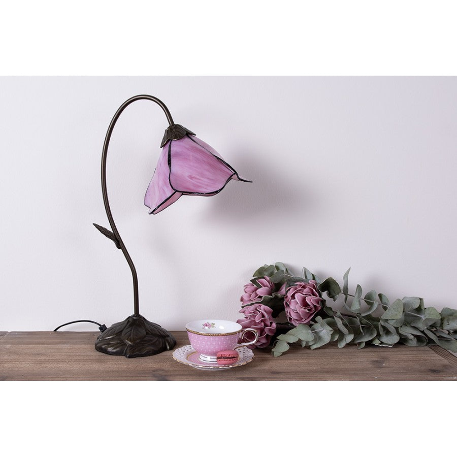 LumiLamp Tiffany Tischleuchte 30x48 cm – Handgefertigte Jugendstil Lampe Blumenkelch Rosa & Violett | E14