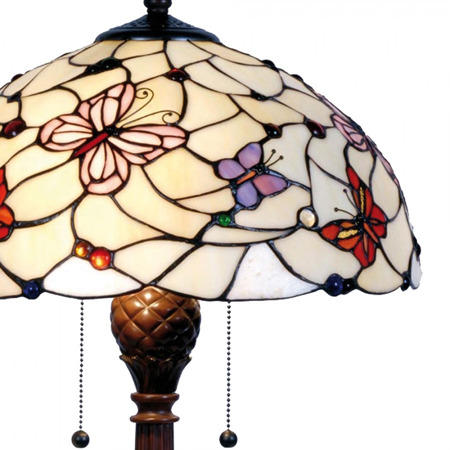 LumiLamp Tiffany Tischleuchte Ø 41x60 cm – Handgefertigte Jugendstil Lampe Schmetterling Creme, Rosa & Violett | 2x E27