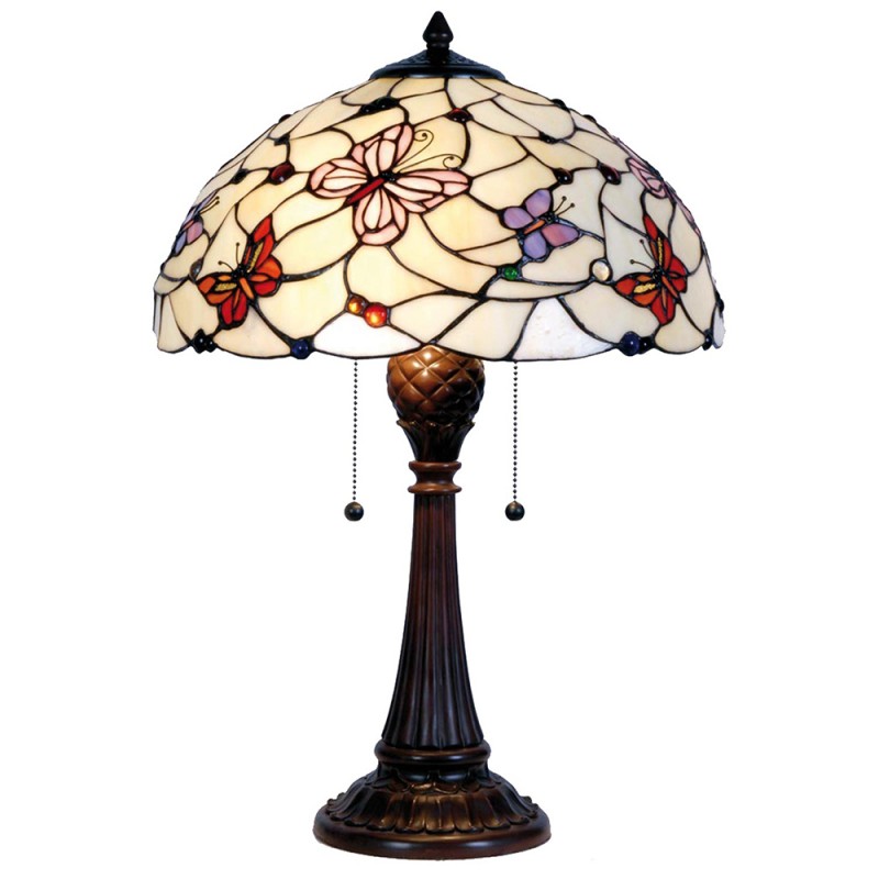 LumiLamp Tiffany Tischleuchte Ø 41x60 cm – Handgefertigte Jugendstil Lampe Schmetterling Creme, Rosa & Violett | 2x E27