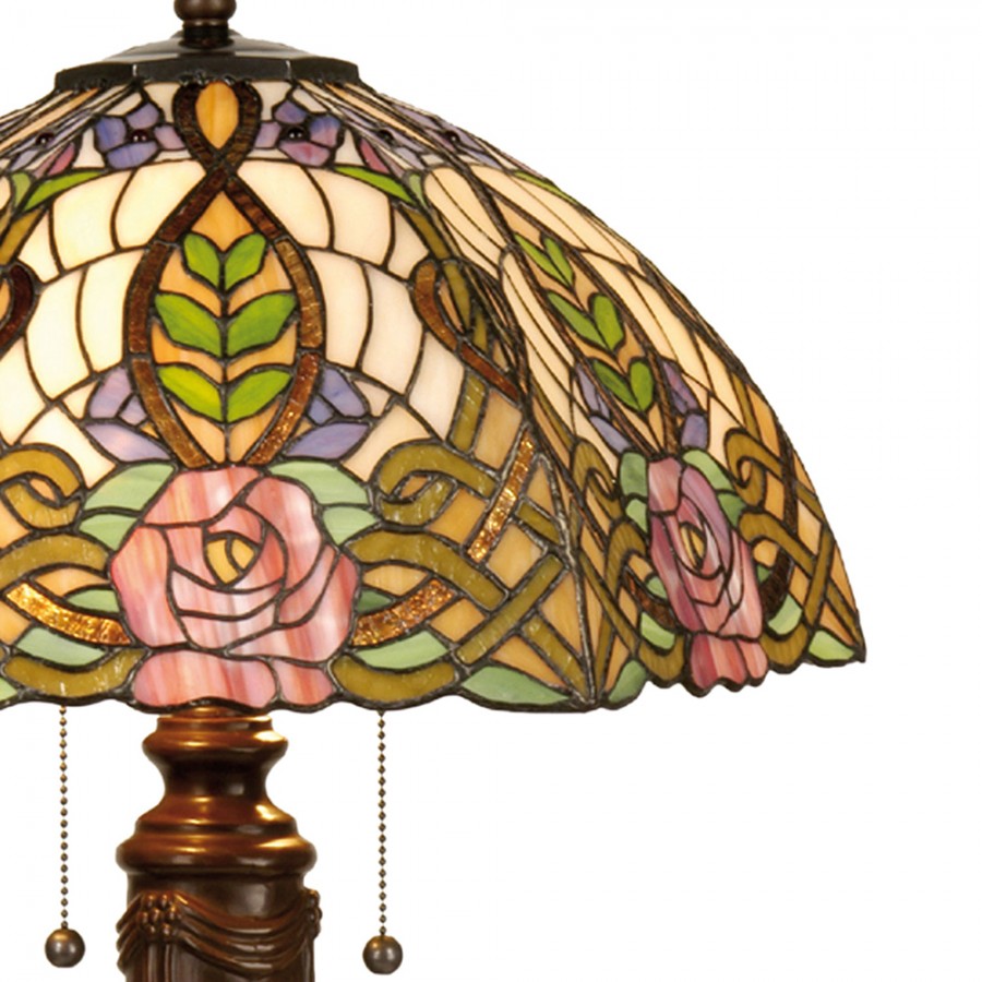 LumiLamp Tiffany Tischleuchte Ø 47x61 cm – Handgefertigte Jugendstil Tischlampe Rose & Flechtband Rosa & Grün | 2x E27