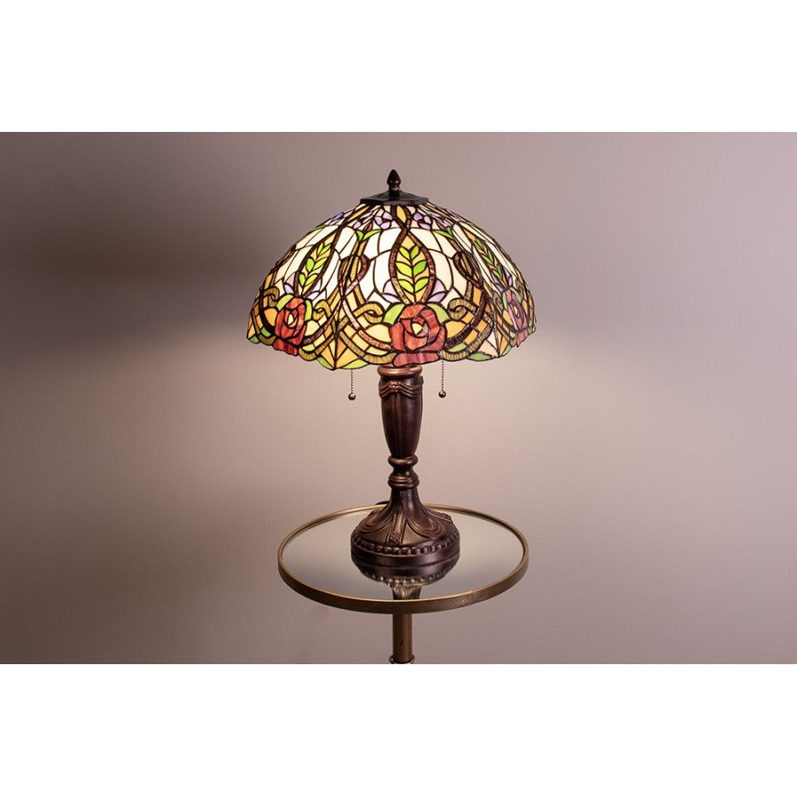 LumiLamp Tiffany Tischleuchte Ø 47x61 cm – Handgefertigte Jugendstil Tischlampe Rose & Flechtband Rosa & Grün | 2x E27