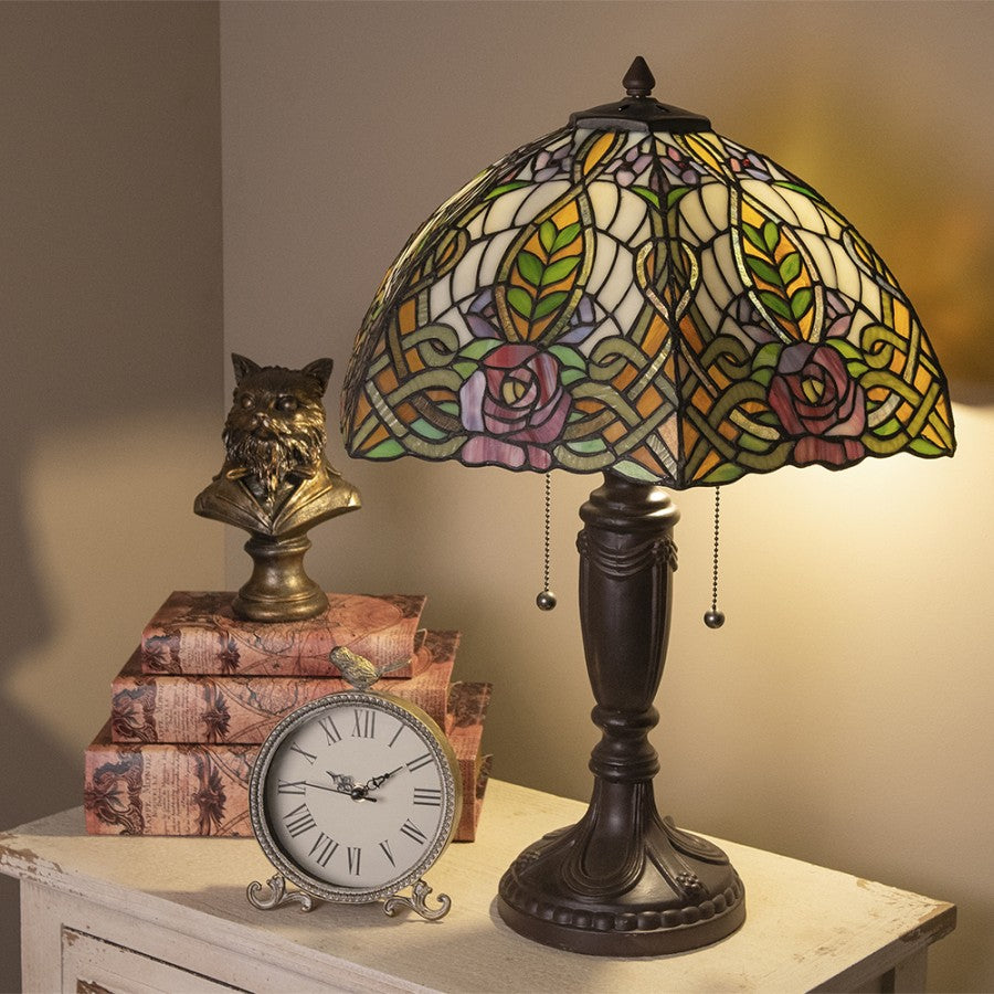 LumiLamp Tiffany Tischleuchte Ø 47x61 cm – Handgefertigte Jugendstil Tischlampe Rose & Flechtband Rosa & Grün | 2x E27
