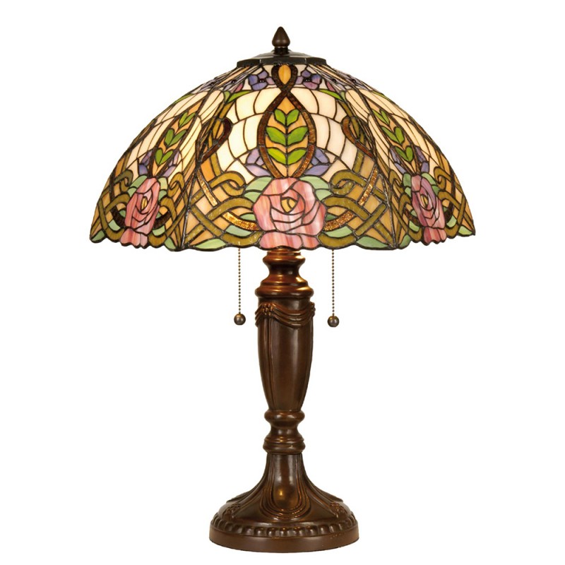 LumiLamp Tiffany Tischleuchte Ø 47x61 cm – Handgefertigte Jugendstil Tischlampe Rose & Flechtband Rosa & Grün | 2x E27