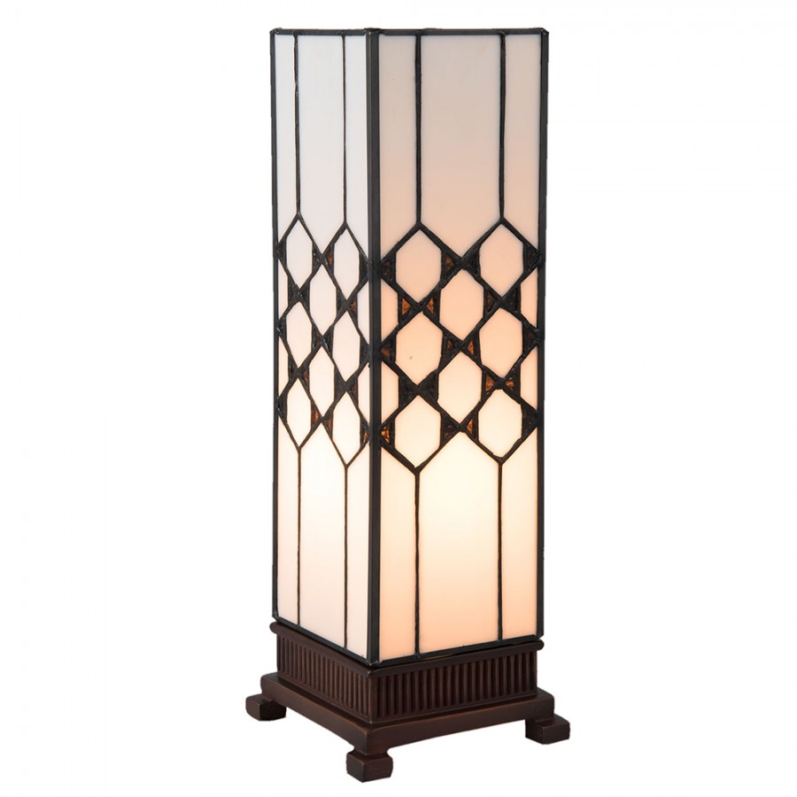 LumiLamp Tiffany Tischleuchte Lichtsäule 15x15x43 cm – Handgefertigte Art Déco Säulenlampe Creme-Weiß | E27