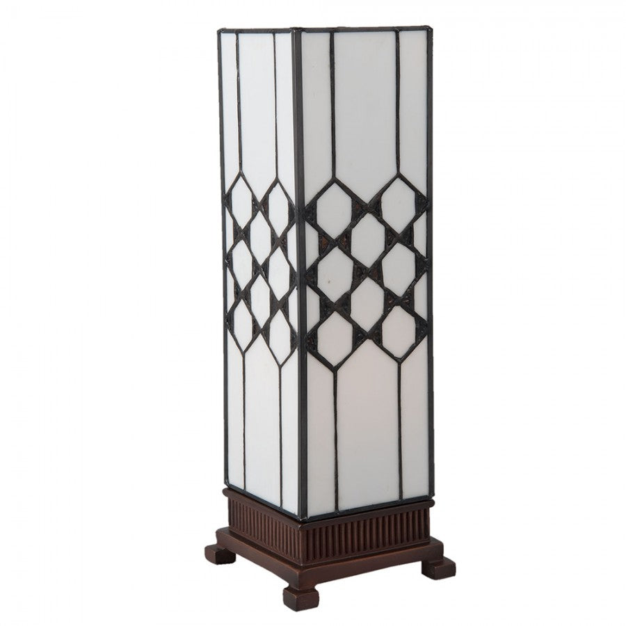 LumiLamp Tiffany Tischleuchte Lichtsäule 15x15x43 cm – Handgefertigte Art Déco Säulenlampe Creme-Weiß | E27