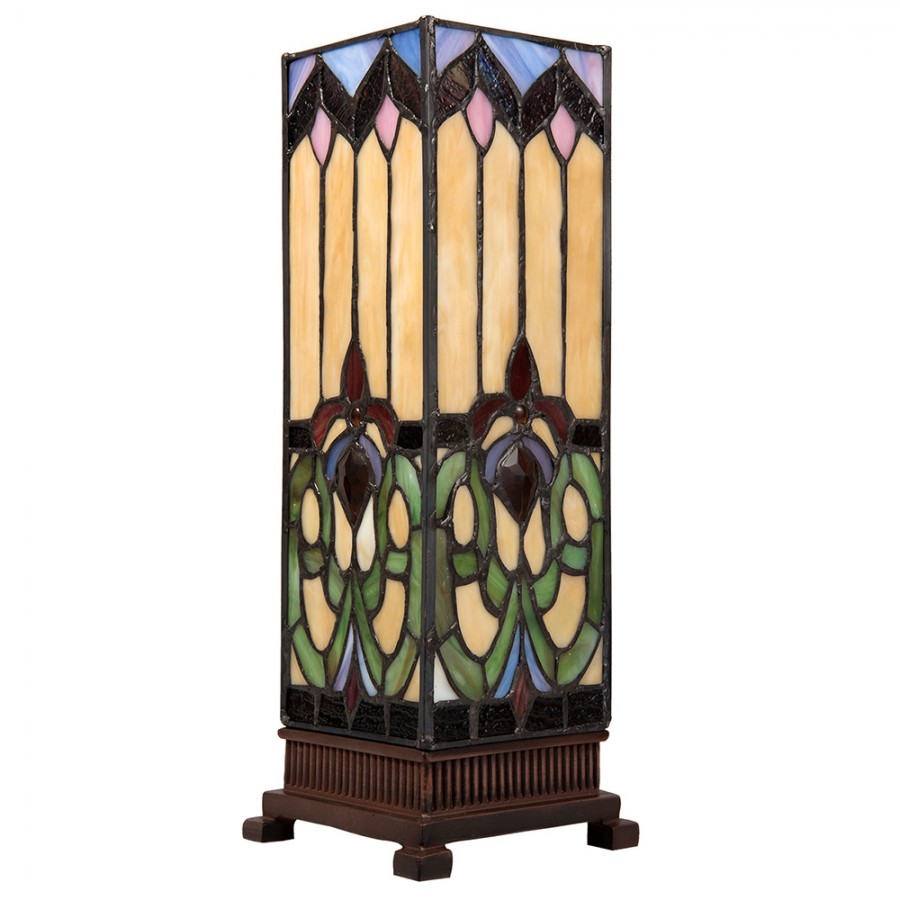 LumiLamp Tiffany Tischleuchte Lichtsäule 12x12x35 cm – Handgefertigte Art Déco Säulenlampe Braun & Beige | E14