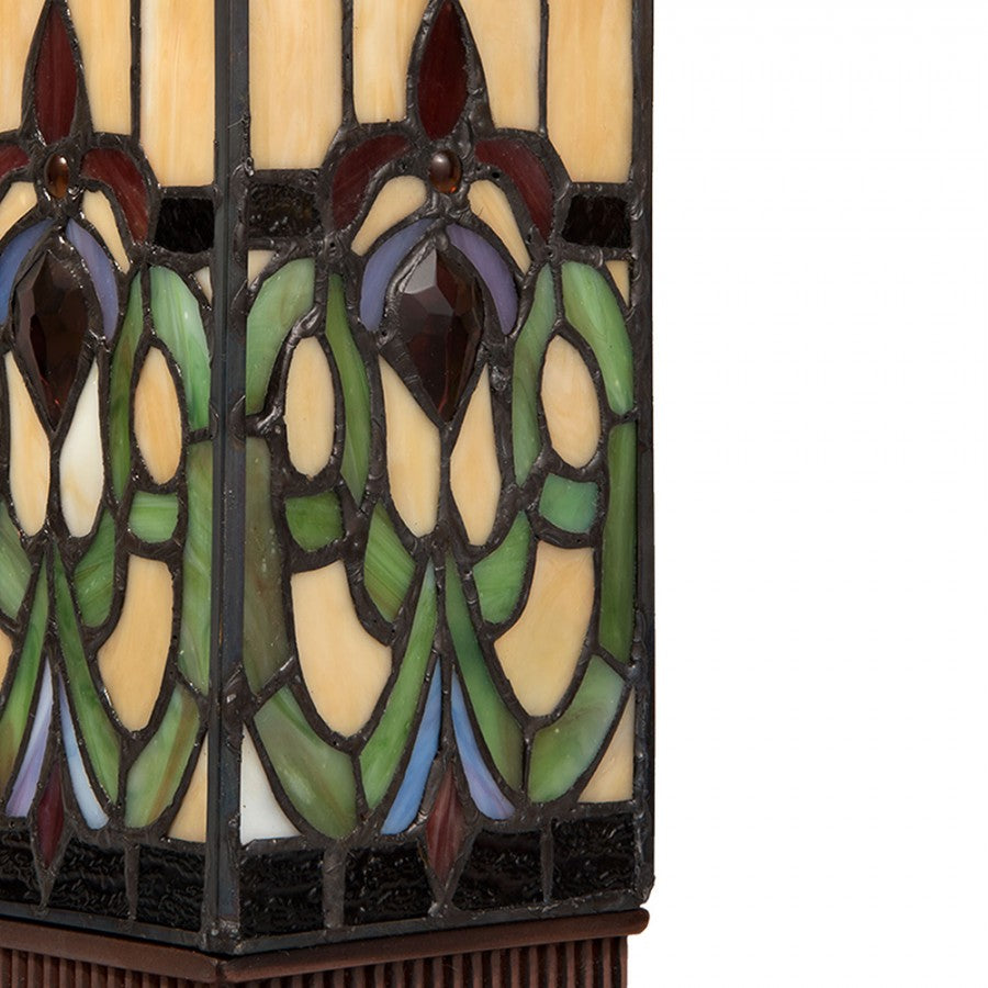 LumiLamp Tiffany Tischleuchte Lichtsäule 12x12x35 cm – Handgefertigte Art Déco Säulenlampe Braun & Beige | E14