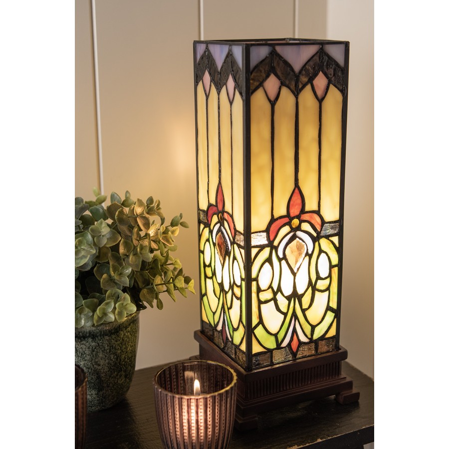 LumiLamp Tiffany Tischleuchte Lichtsäule 12x12x35 cm – Handgefertigte Art Déco Säulenlampe Braun & Beige | E14