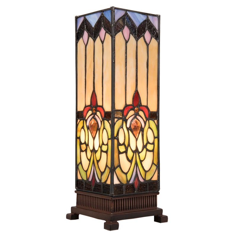 LumiLamp Tiffany Tischleuchte Lichtsäule 12x12x35 cm – Handgefertigte Art Déco Säulenlampe Braun & Beige | E14