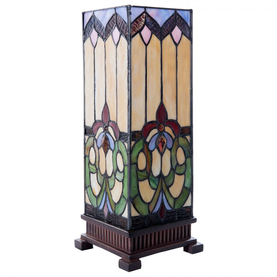 LumiLamp Tiffany Tischleuchte Lichtsäule 17x17x44 cm – Handgefertigte Art Déco Säulenlampe Beige & Blau | E27