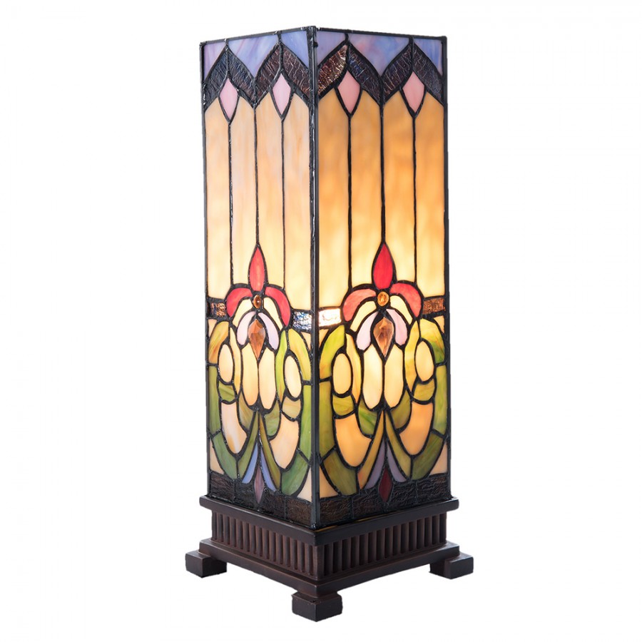 LumiLamp Tiffany Tischleuchte Lichtsäule 17x17x44 cm – Handgefertigte Art Déco Säulenlampe Beige & Blau | E27