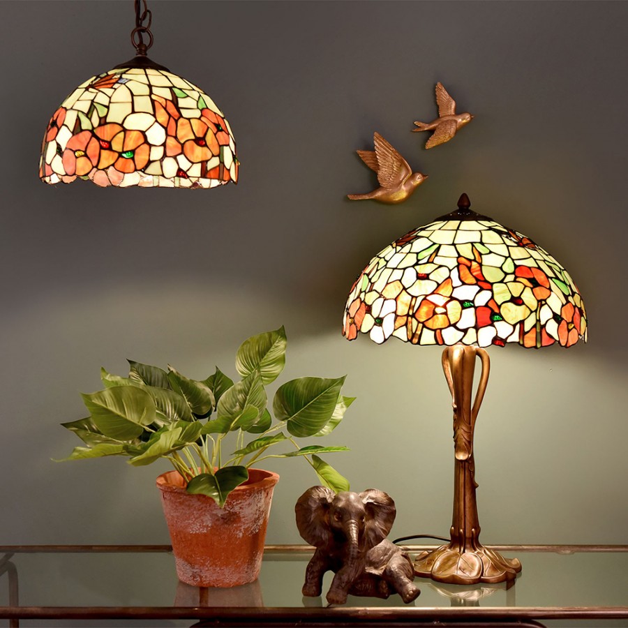LumiLamp Tiffany Tischleuchte Blumen Ø 40x63 cm – Handgefertigte Jugendstil-Tischlampe Beige & Rot | 2x E27