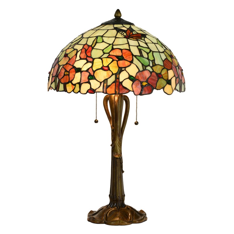 LumiLamp Tiffany Tischleuchte Blumen Ø 40x63 cm – Handgefertigte Jugendstil-Tischlampe Beige & Rot | 2x E27