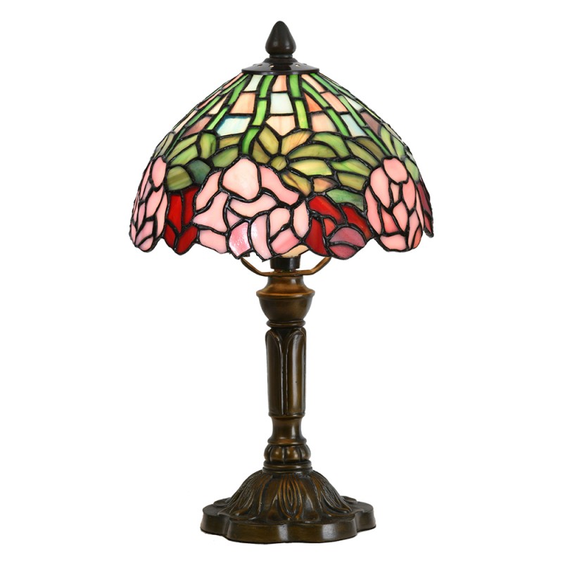 LumiLamp Tiffany Tischleuchte Ø 21x39 cm – Handgefertigte Jugendstil Tischlampe Rose Rosa, Rot & Grün | E14