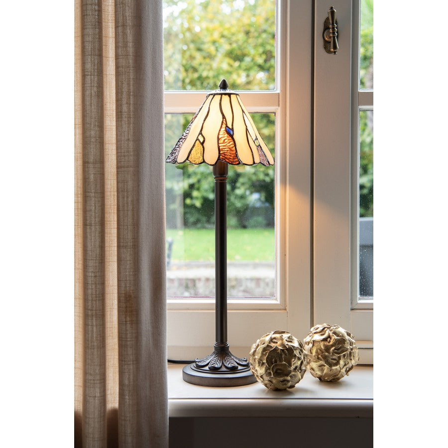 LumiLamp Tiffany Bankerlampe / Schreibtischleuchte Ø 20x60 cm – Handgefertigte Jugendstil Lampe Beige | 5LL-6316
