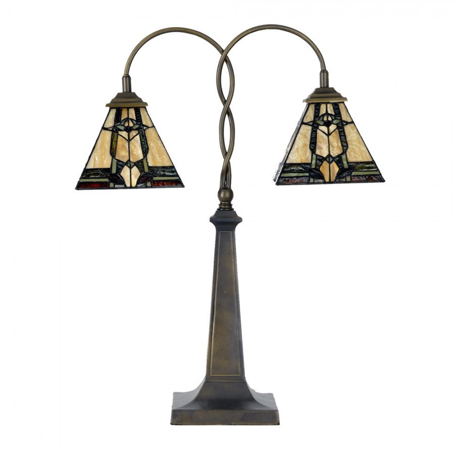 LumiLamp Tiffany Bankerlampe / Schreibtischleuchte 48x66 cm – Handgefertigte Jugendstil Lampe Beige | 5LL-6322