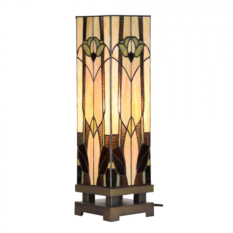 LumiLamp Tiffany Bankerlampe / Schreibtischleuchte 15x15x54 cm – Handgefertigte Jugendstil Lampe Beige | 5LL-6323