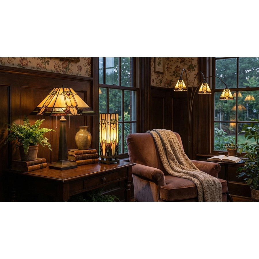 LumiLamp Tiffany Bankerlampe / Schreibtischleuchte 15x15x54 cm – Handgefertigte Jugendstil Lampe Beige | 5LL-6323