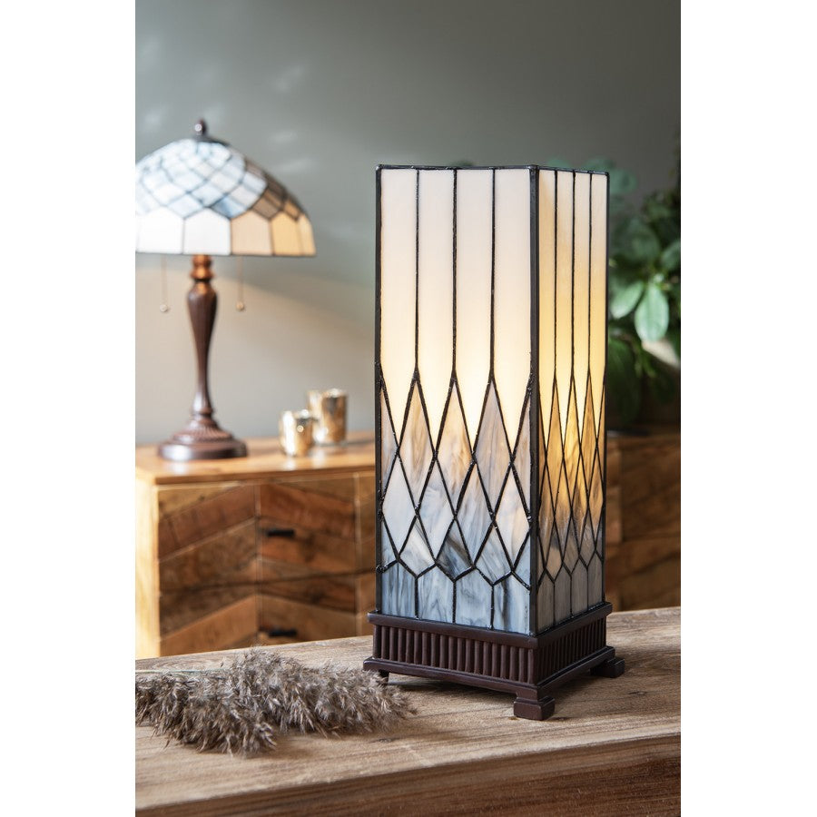 LumiLamp Tiffany Bankerlampe / Schreibtischleuchte 17x17x43 cm – Handgefertigte Jugendstil Lampe Grau | 5LL-6332