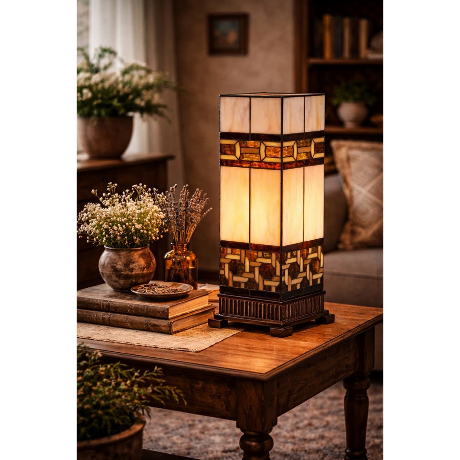 LumiLamp Tiffany Tischleuchte 17x17x44 cm – Handgefertigte Jugendstil Lampe Beige | 5LL-6360