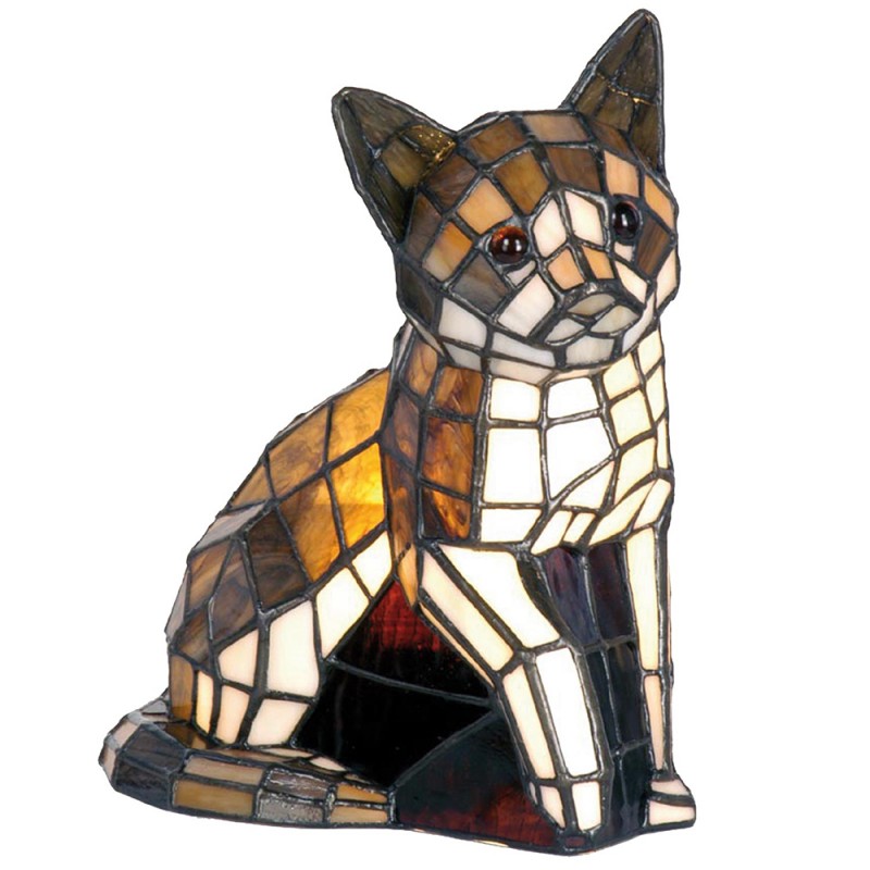 LumiLamp Tiffany Tischleuchte Katze 21x11x25 cm – Handgefertigte Tierfigur Lampe Braun & Creme | E14