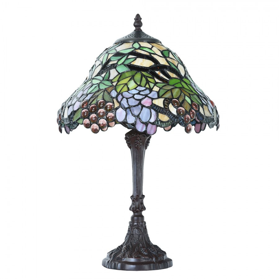 LumiLamp Tiffany Tischleuchte Ø 30x48 cm – Handgefertigte Jugendstil Lampe Weintrauben Grün, Violett & Bernstein | E27
